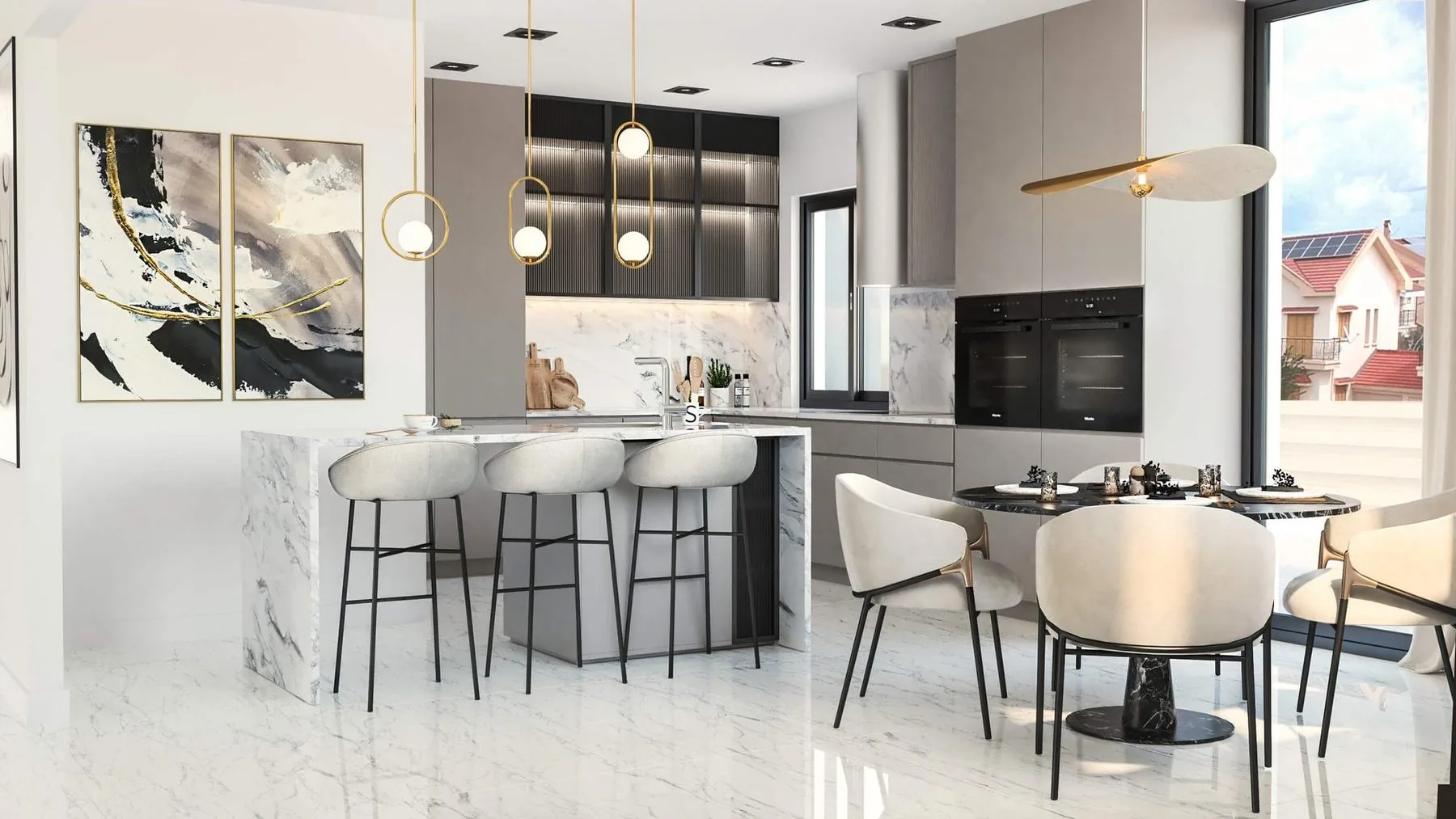 8 Nests Villas kitchen with marble island and bar stools