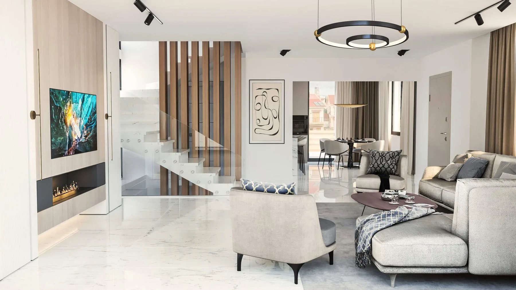 8 Nests Villas double-height living room with fireplace and timber slat screen